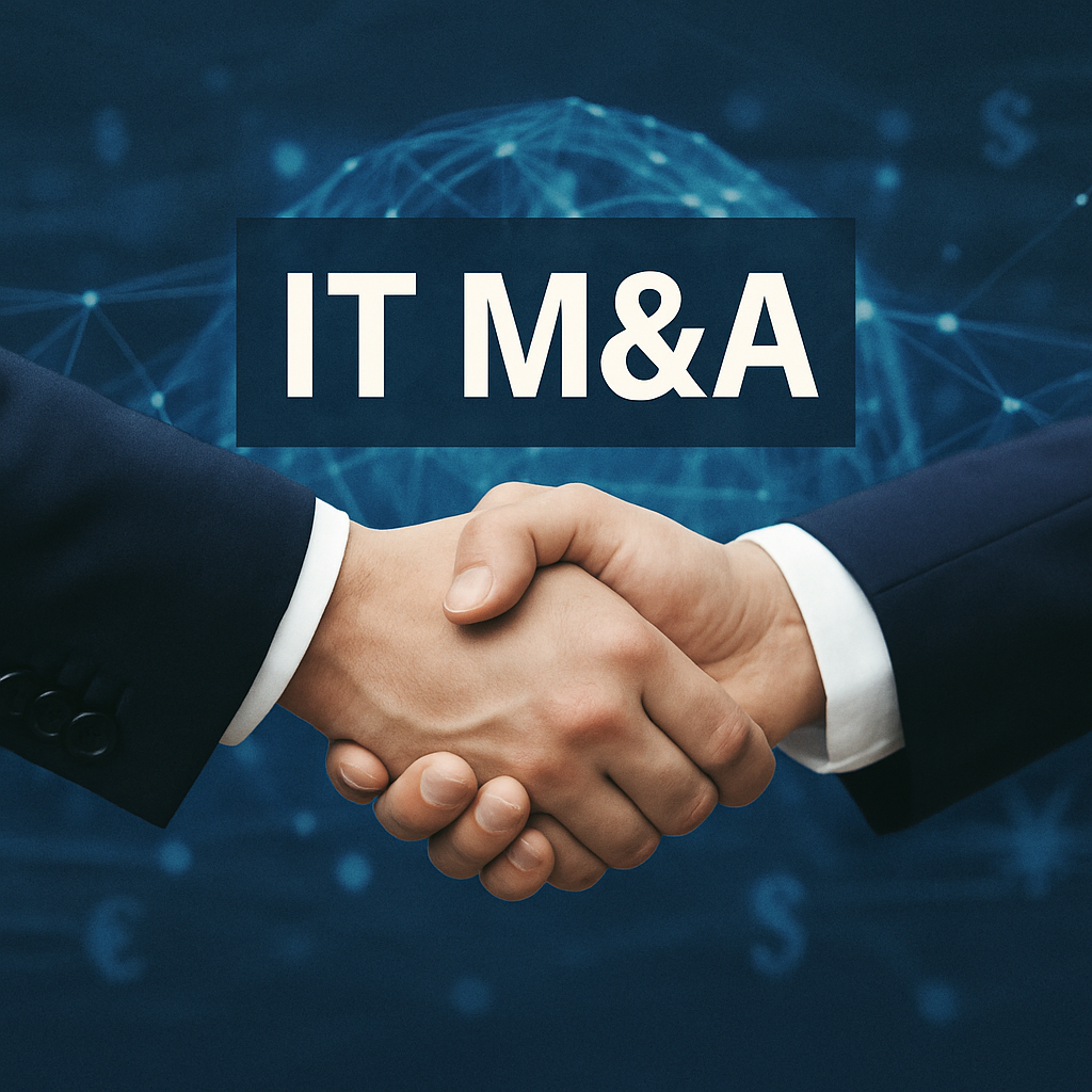 Two professionals shaking hands in front of a digital network backdrop, with “IT M&A” overlayed—representing trust, integration, and technology alignment in mergers and acquisitions.
